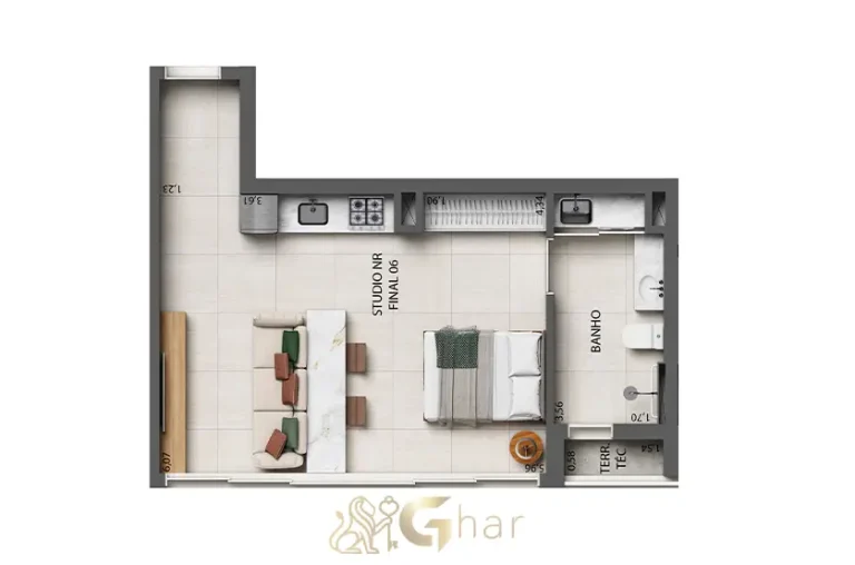 Planta studio 40m² do Okena Moema Suítes em Moema