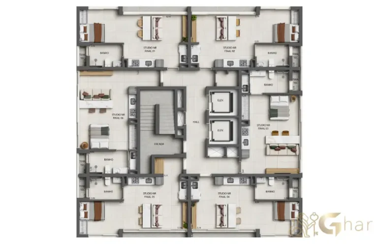 Planta de pavimento do Okena Moema Suítes com studios
