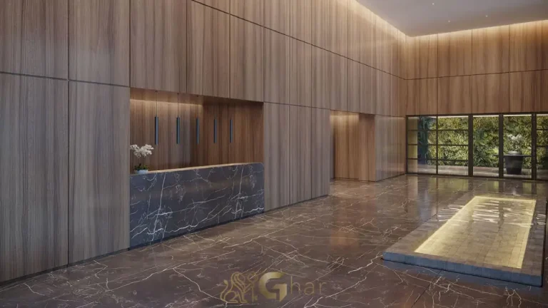 Hall social do condomínio Park Lane Ibirapuera com arquitetura sofisticada