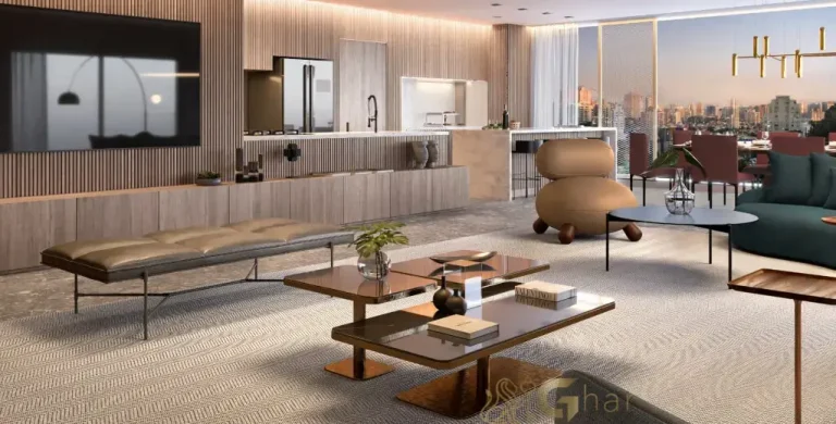 Living do apartamento decorado Lindenberg no Park Lane Ibirapuera com alto padrão