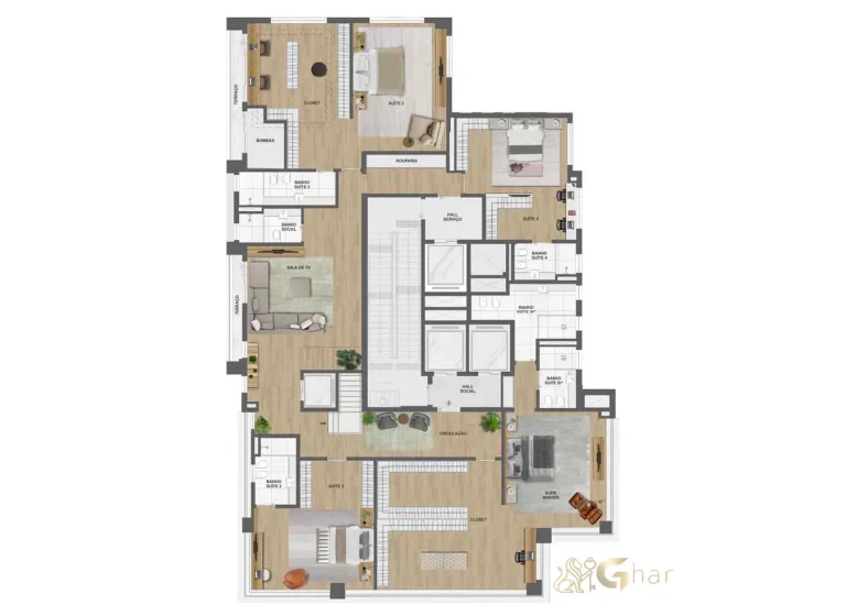 Planta do pavimento inferior do apartamento duplex de 688 m² no Park Lane Ibirapuera