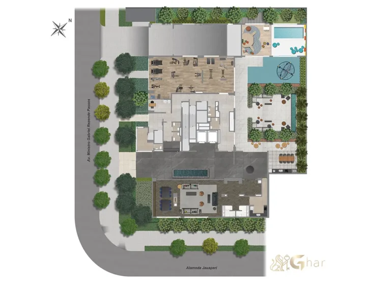 Planta de implantação do térreo do condomínio Park Lane Ibirapuera com áreas comuns e acessos