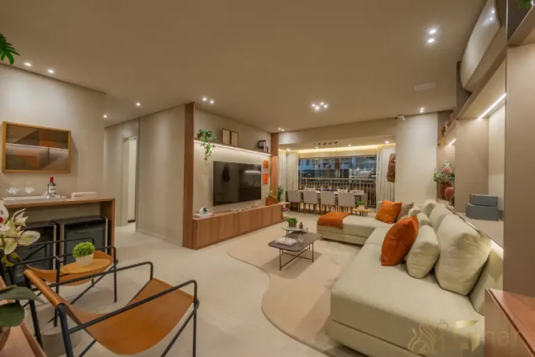 Living decorado do apartamento de 121m² no Parque Diálogo Vila Ema Residences