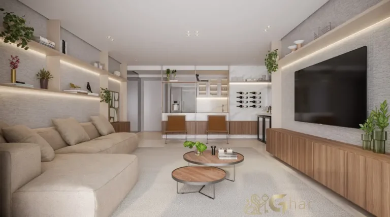 Ambiente de living do decorado 121m² no Parque Diálogo Vila Ema Residences