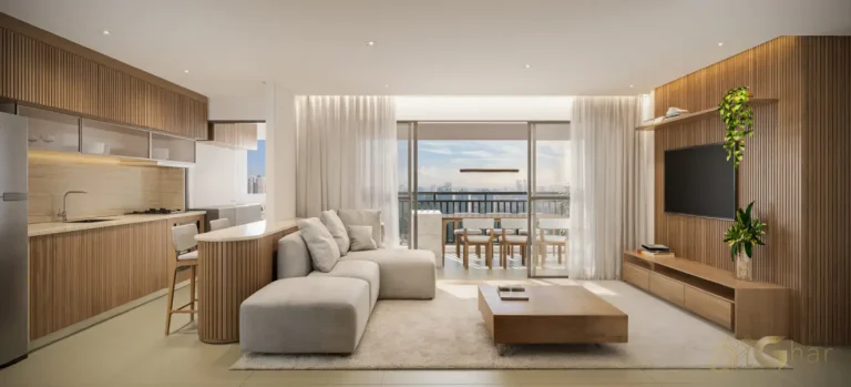 Living decorado do apartamento de 90m² no Parque Diálogo Vila Ema Residences