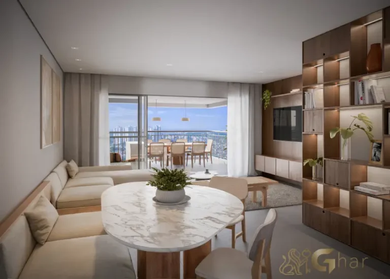 Living decorado do apartamento de 97m² no Parque Diálogo Vila Ema Residences