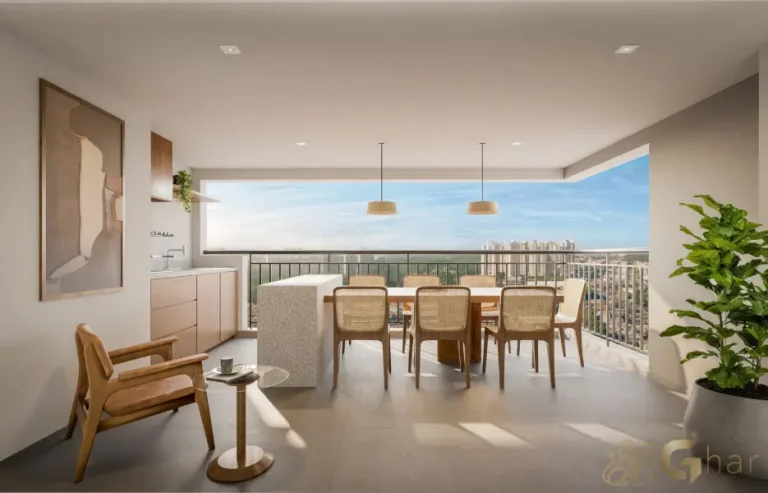 Terraço integrado do apartamento decorado de 97m² no Parque Diálogo Vila Ema Residences