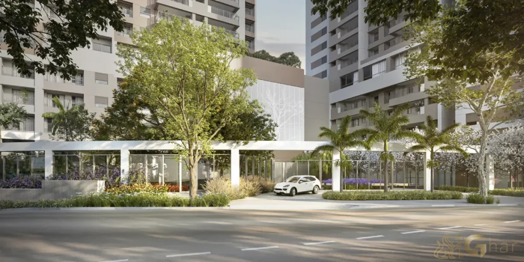 Fachada da portaria moderna do Parque Diálogo Vila Ema Residences