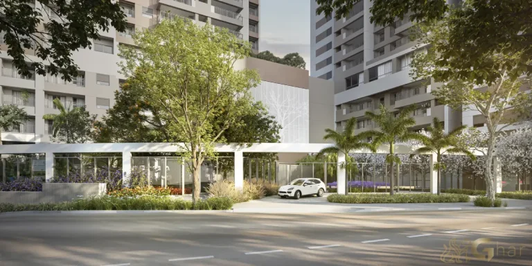 Fachada da portaria moderna do Parque Diálogo Vila Ema Residences