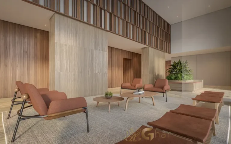 Lobby moderno e elegante do Parque Diálogo Vila Ema Residences