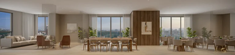 Salão de festas amplo do Parque Diálogo Vila Ema Residences