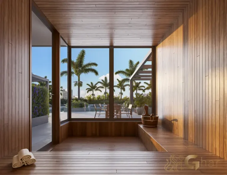 Sauna seca do Parque Diálogo Vila Ema Residences com ambiente relaxante