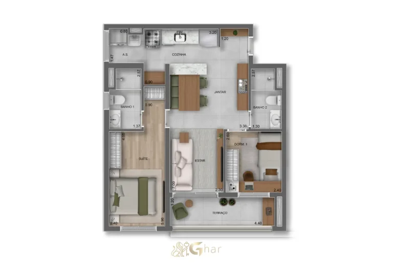 Planta do apartamento 2 dormitórios com suíte – 65m² – Parque Diálogo Vila Ema Residences