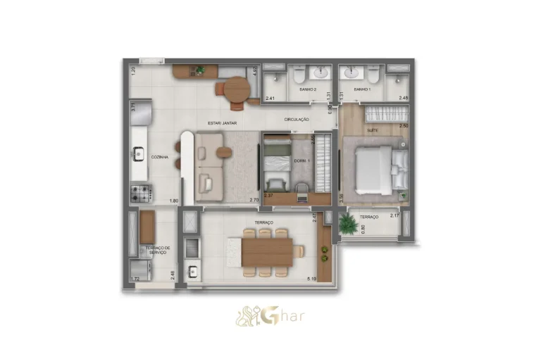 Planta do apartamento 2 dormitórios com suíte – 76m² – Parque Diálogo Vila Ema Residences