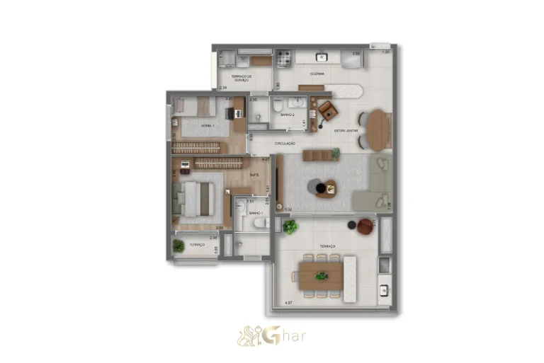 Planta do apartamento 2 dormitórios com 1 suíte – 97m² – Parque Diálogo Vila Ema Residences