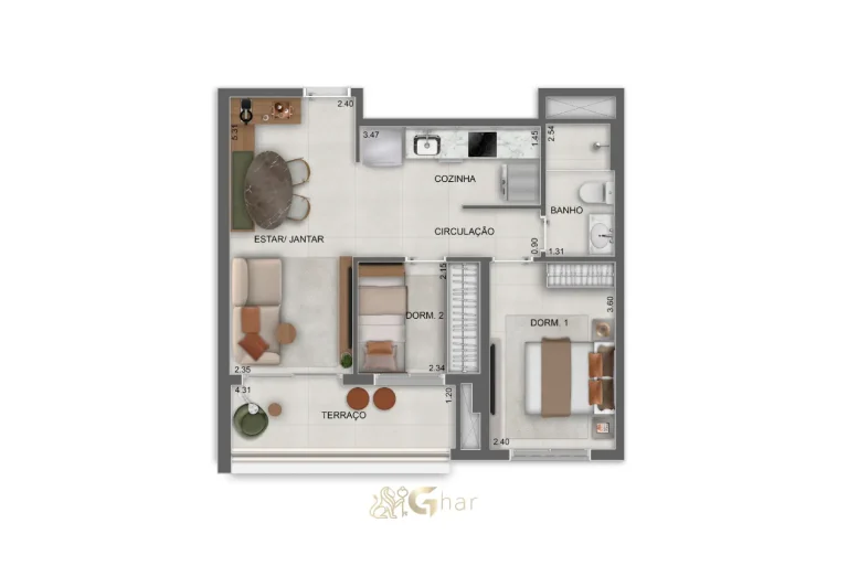 Planta do apartamento 2 dormitórios – 52m² – Parque Diálogo Vila Ema Residences