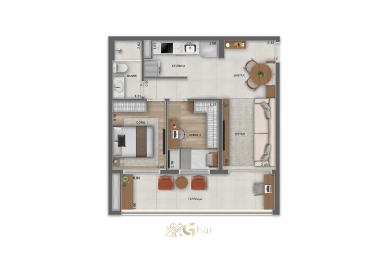 Planta do apartamento 2 dormitórios – 61m² – Parque Diálogo Vila Ema Residences