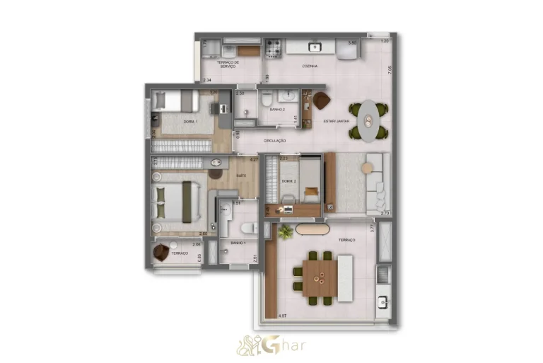 Planta do apartamento 3 dormitórios com 1 suíte – 97m² – Parque Diálogo Vila Ema Residences