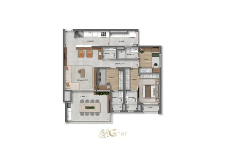 Planta do apartamento com 3 suítes e lavabo – 121m² – Parque Diálogo Vila Ema Residences
