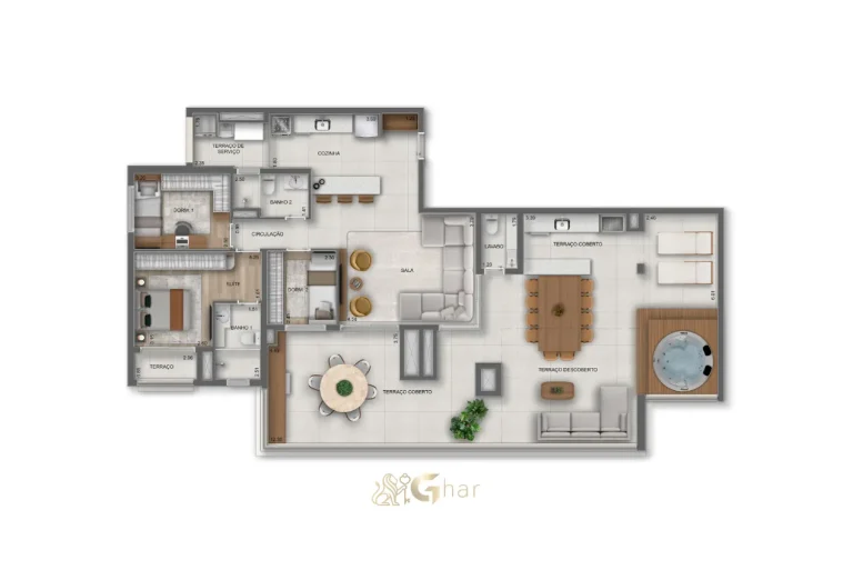 Planta da penthouse de 187m² no Parque Diálogo Vila Ema Residences