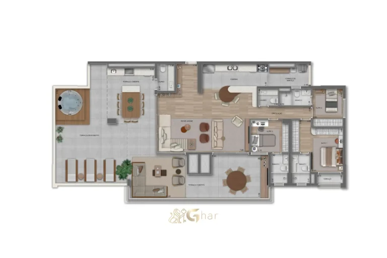 Planta da penthouse de 243m² no Parque Diálogo Vila Ema Residences