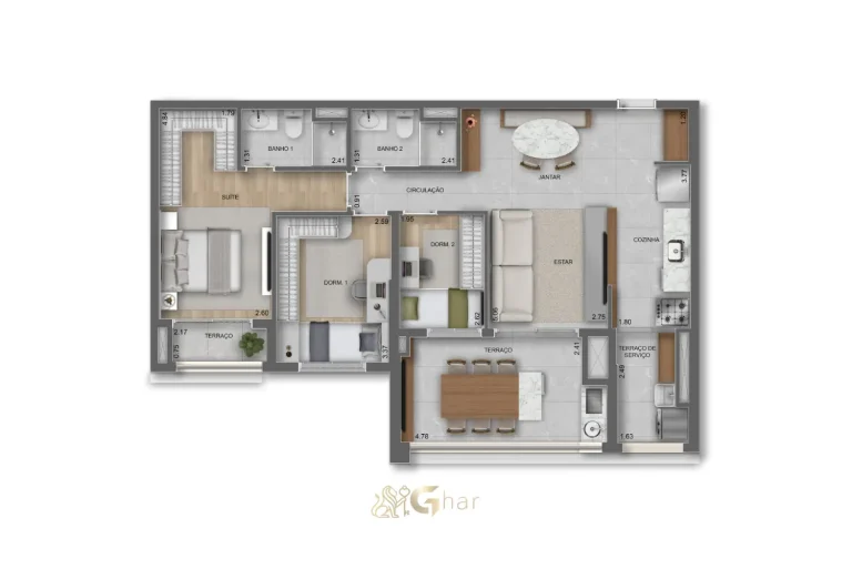 Planta do apartamento 2 dormitórios com 1 suíte – 90m² – Parque Diálogo Vila Ema Residences