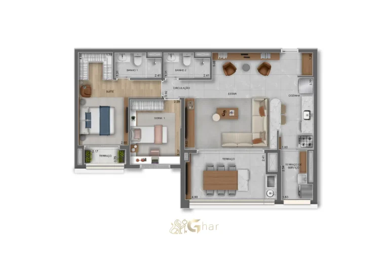 Planta do apartamento 2 dormitórios ampliados com suíte – 90m² – Parque Diálogo Vila Ema Residences