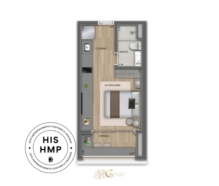 Planta Do Studio De 28m² Do Parque Diálogo Vila Ema Smart Spaces