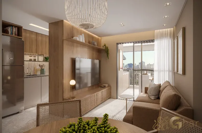 Living do apartamento decorado de 67 m² no Paseo Santa Cruz Alto do Ipiranga