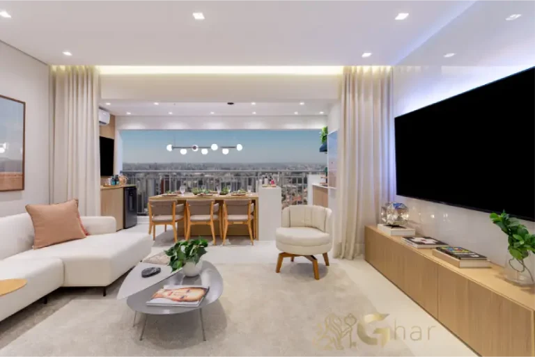 Sala living do apartamento decorado de 87 m² no Paseo Santa Cruz Alto do Ipiranga