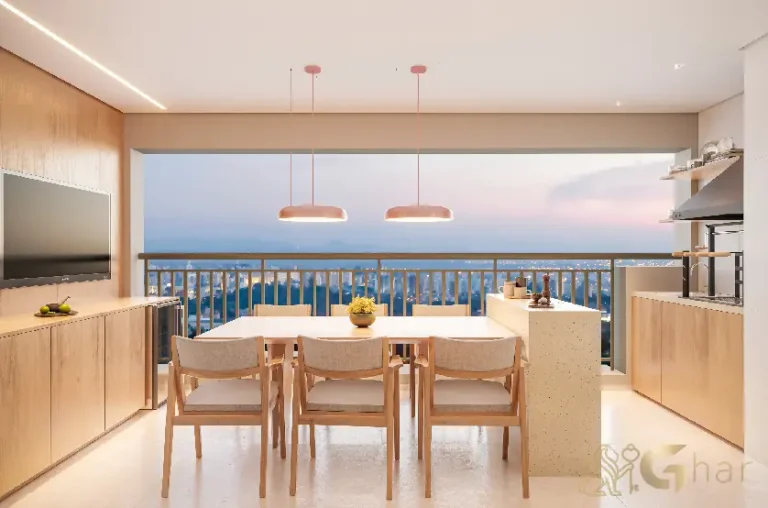 Vista do terraço gourmet do apartamento decorado de 87 m² no Paseo Santa Cruz