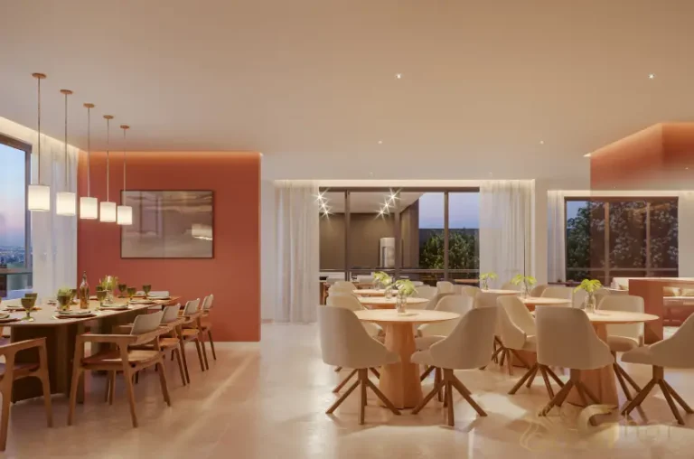 Salão de festas do Paseo Santa Cruz no Alto do Ipiranga com espaço amplo e moderno