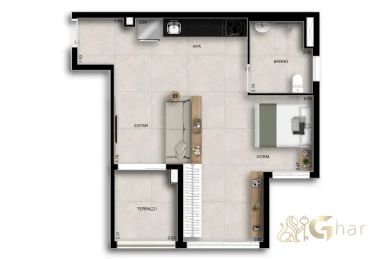 Planta do apartamento de 1 dormitório com 50 m² no Paseo Santa Cruz Alto do Ipiranga