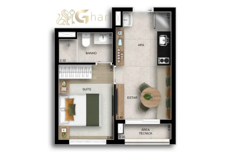 Planta do apartamento studio de 28 m² com suíte no Paseo Santa Cruz Alto do Ipiranga
