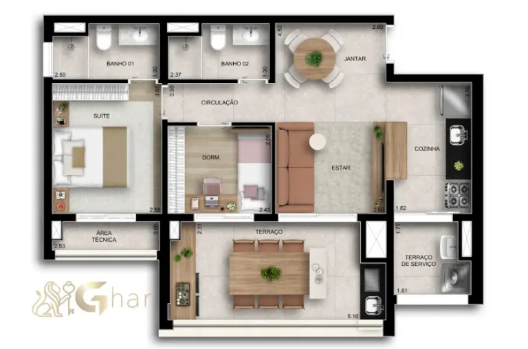 Planta do apartamento de 2 dormitórios com 1 suíte e 67 m² no Paseo Santa Cruz