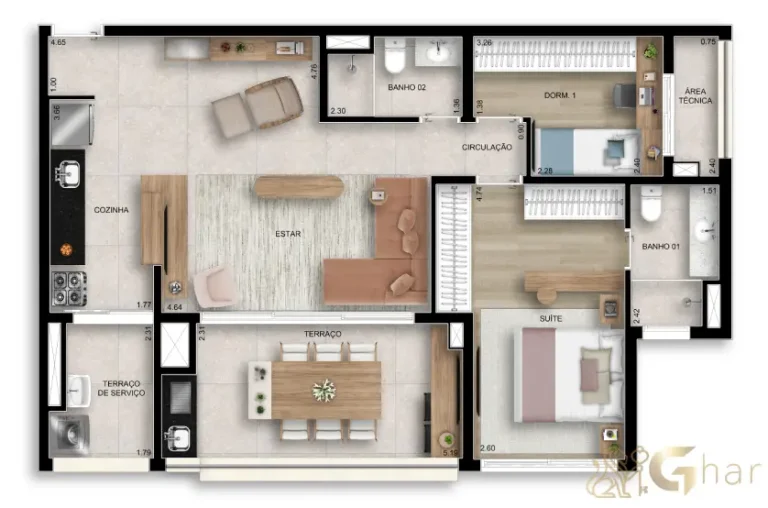 Planta do apartamento de 2 dormitórios com 1 suíte e 87 m² no Paseo Santa Cruz