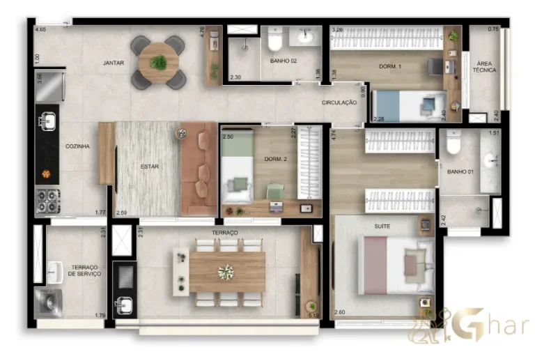 Planta do apartamento de 3 dormitórios com 1 suíte e 87 m² no Paseo Santa Cruz