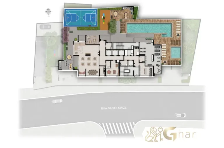 Planta de implantação do lazer do condomínio Paseo Santa Cruz no Alto do Ipiranga