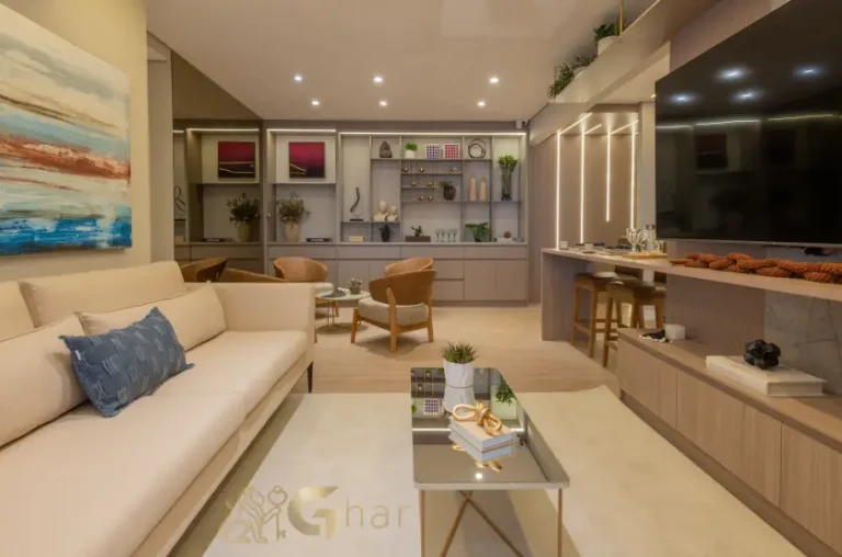 Living integrado do apartamento decorado de 109 m² no Praça Diálogo Patriarca