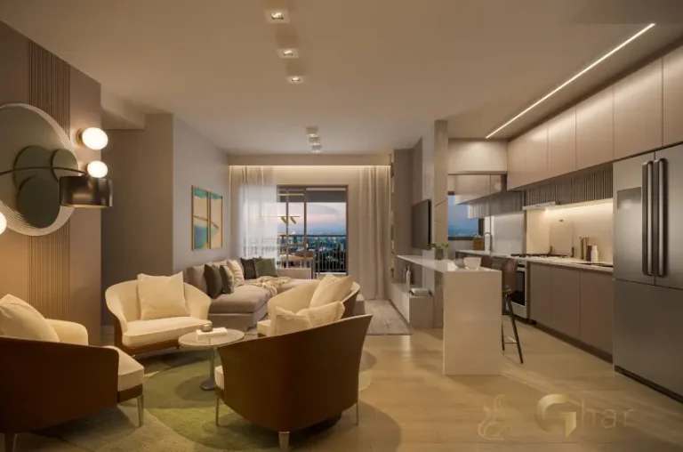 Living integrado do apartamento decorado de 109 m² no Praça Diálogo Patriarca