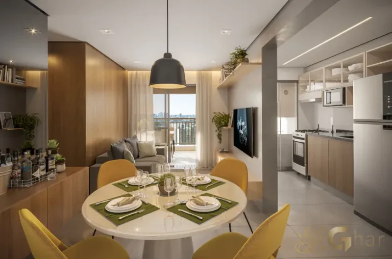 Living do apartamento decorado de 69 m² no Praça Diálogo Patriarca