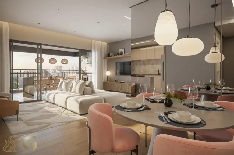Living integrado do apartamento decorado de 96 m² no Praça Diálogo Patriarca
