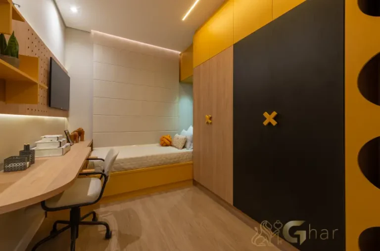 Quarto da suíte no apartamento decorado de 109 m² do Praça Diálogo Patriarca