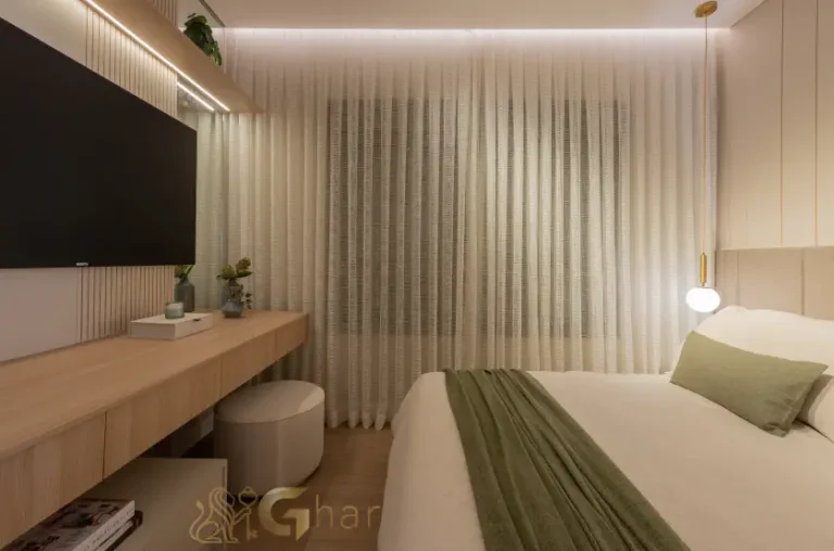 Suíte master do apartamento decorado de 109 m² no Praça Diálogo Patriarca