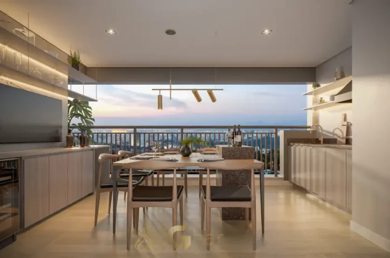 Detalhe do terraço com churrasqueira no apartamento decorado de 109 m²