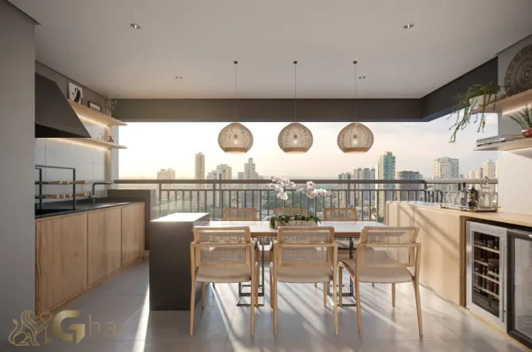 Terraço com churrasqueira do apartamento decorado de 96 m² no Praça Diálogo Patriarca