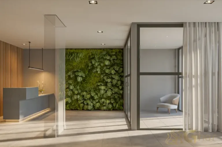 Lobby residencial do Praça Diálogo Patriarca com design moderno e elegante