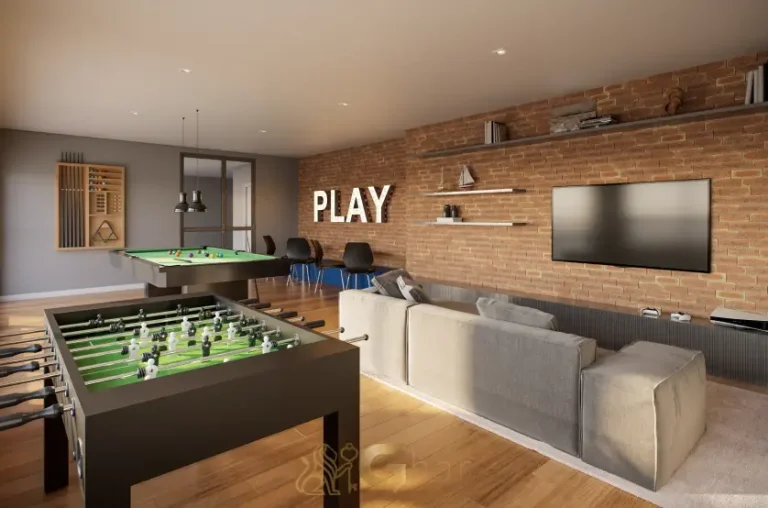 Salão de jogos do Praça Diálogo Patriarca com ambiente moderno e espaço de lazer para moradores