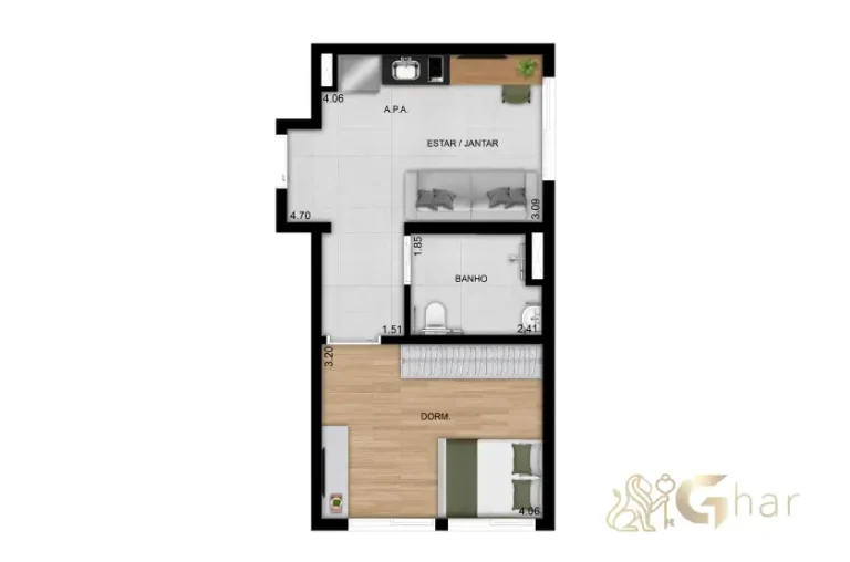 Planta de apartamento 40 m² com 1 dormitório no Praça Diálogo Patriarca