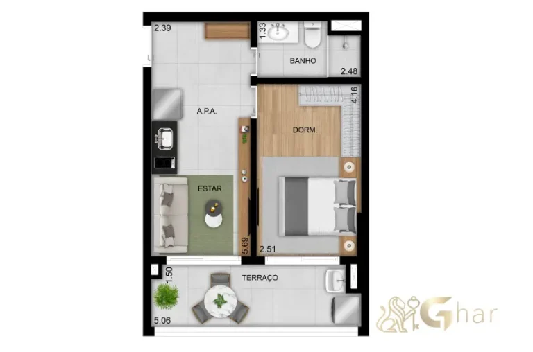 Planta de apartamento 41 m² com 1 dormitório no Praça Diálogo Patriarca